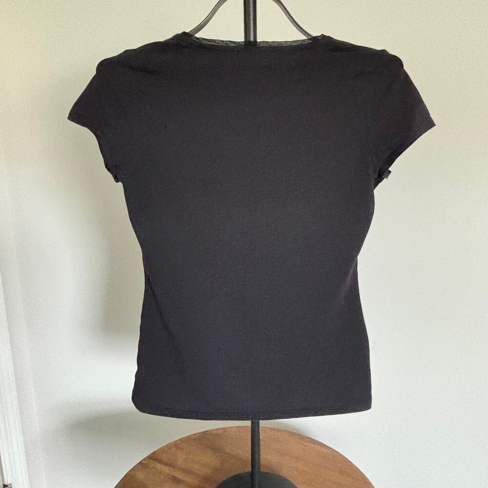 White House Black Market Floral Tee XS Black Stretch Top - Picture 3 of 7